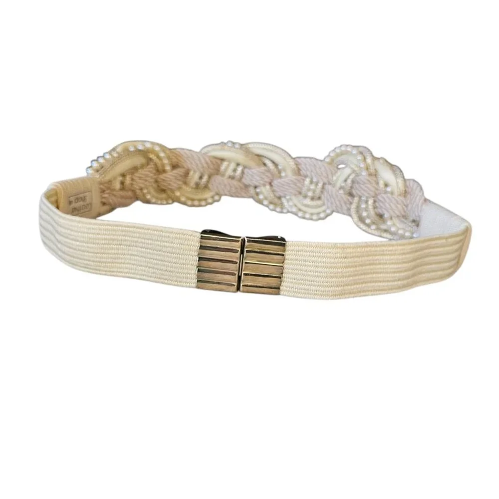 Womens Woven Cord Pearl Waist Belt Stretch Cream‎ Size Small 27-31